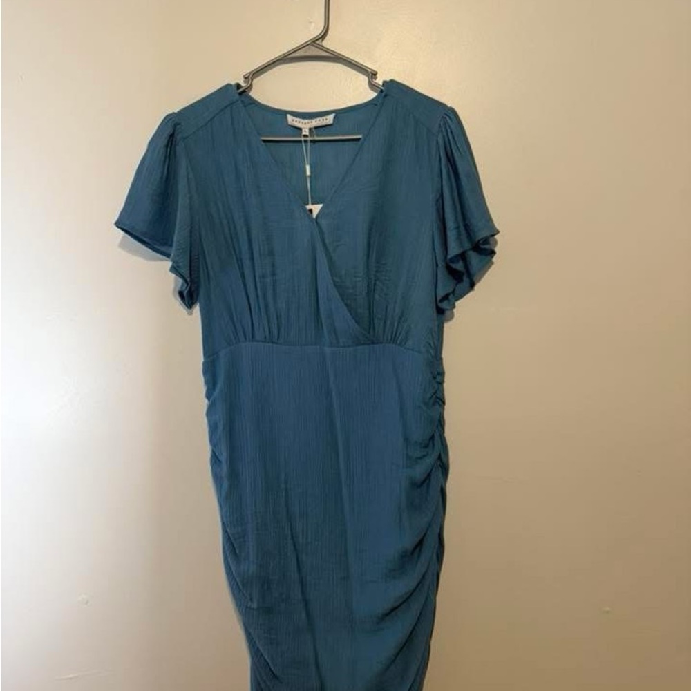Endless Rose Green Ruched Sheath Dress V-Neck Midi